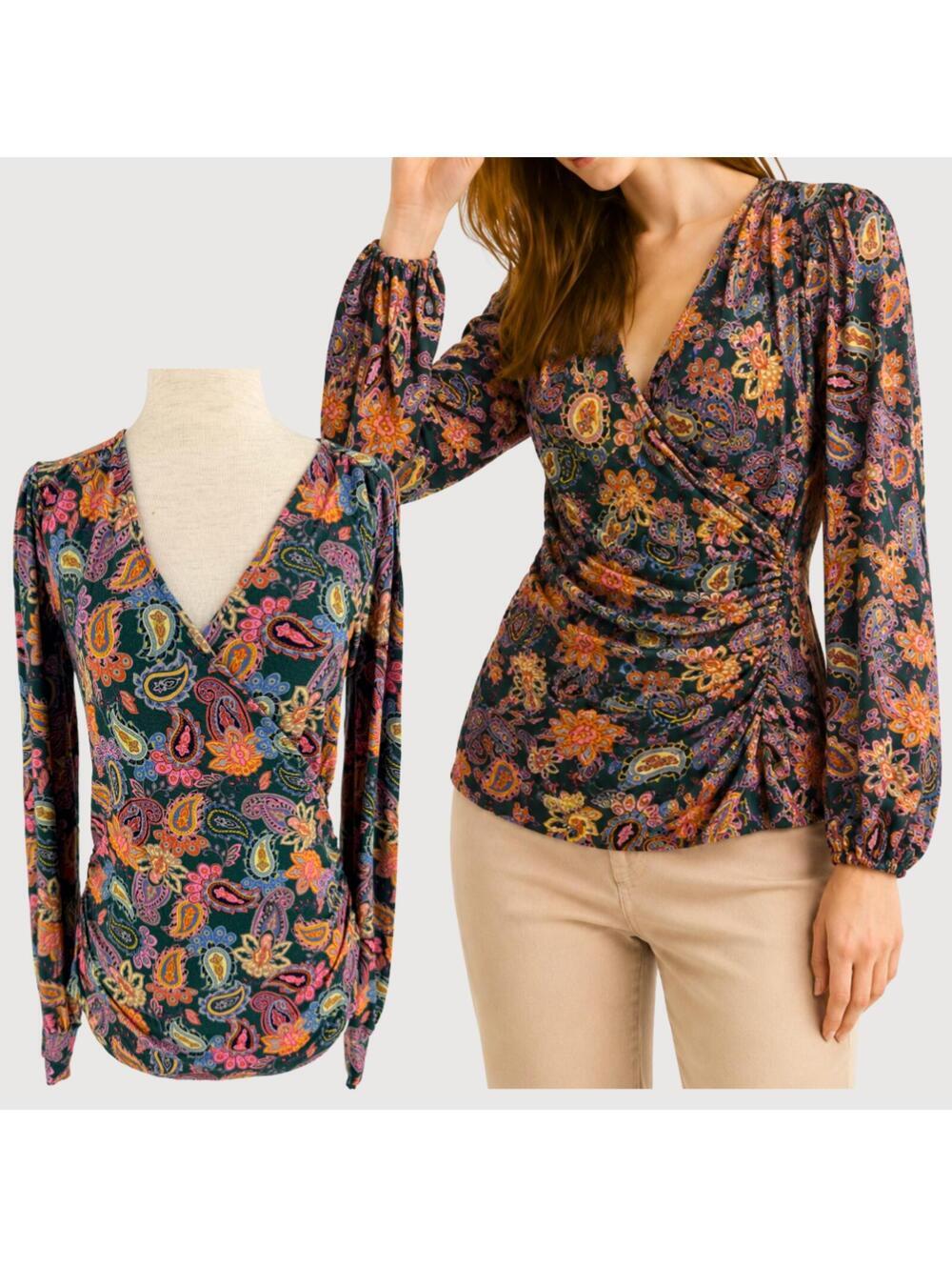 Boden Paisley Wrap Ruched Long Sleeve Top 8
